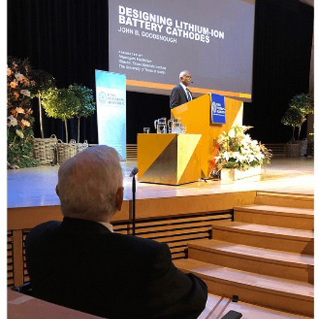 Prof. Arumugam Manthiram giving John B. Goodenough’s Nobel Lecture on Sunday 8 December 2019, at the Aula Magna, Stockholm University