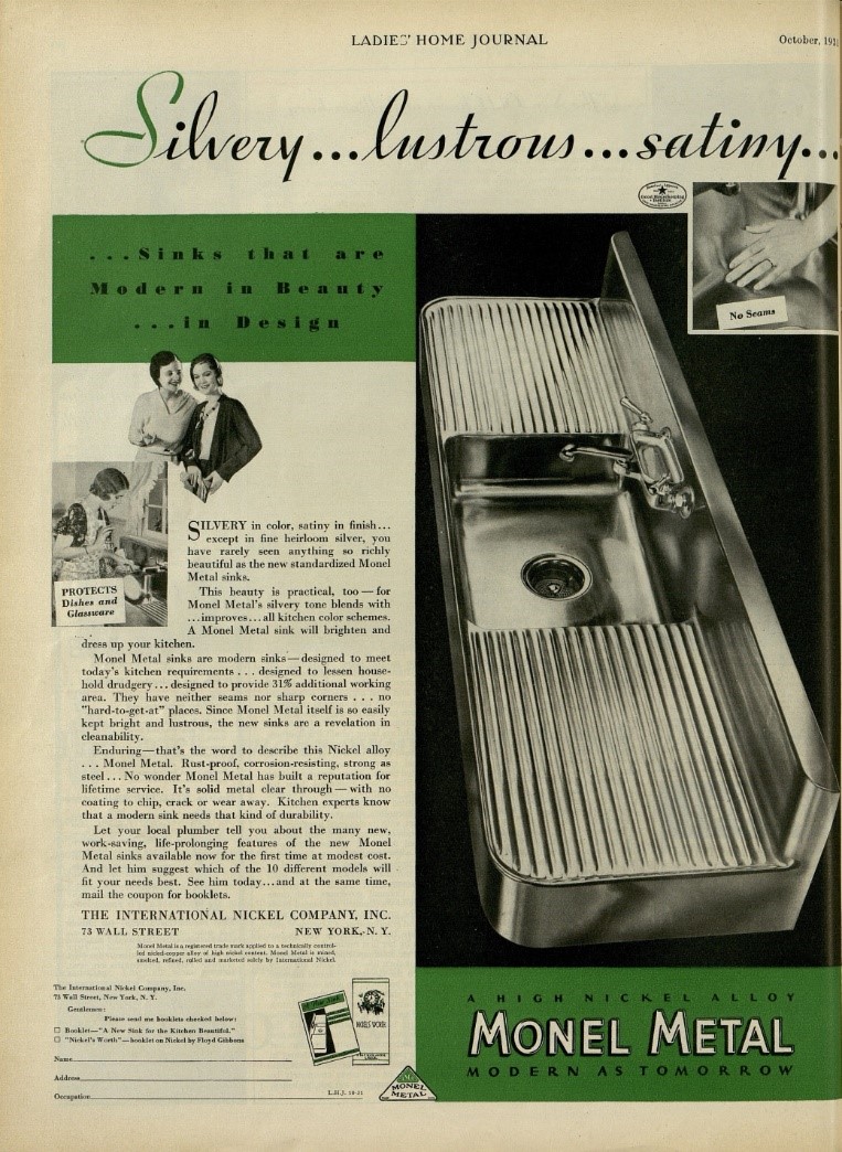 Fig. 3 An advertisement from the early 1930s for Monel sinks in in Ladies Home Journal, INCO, October 1931.